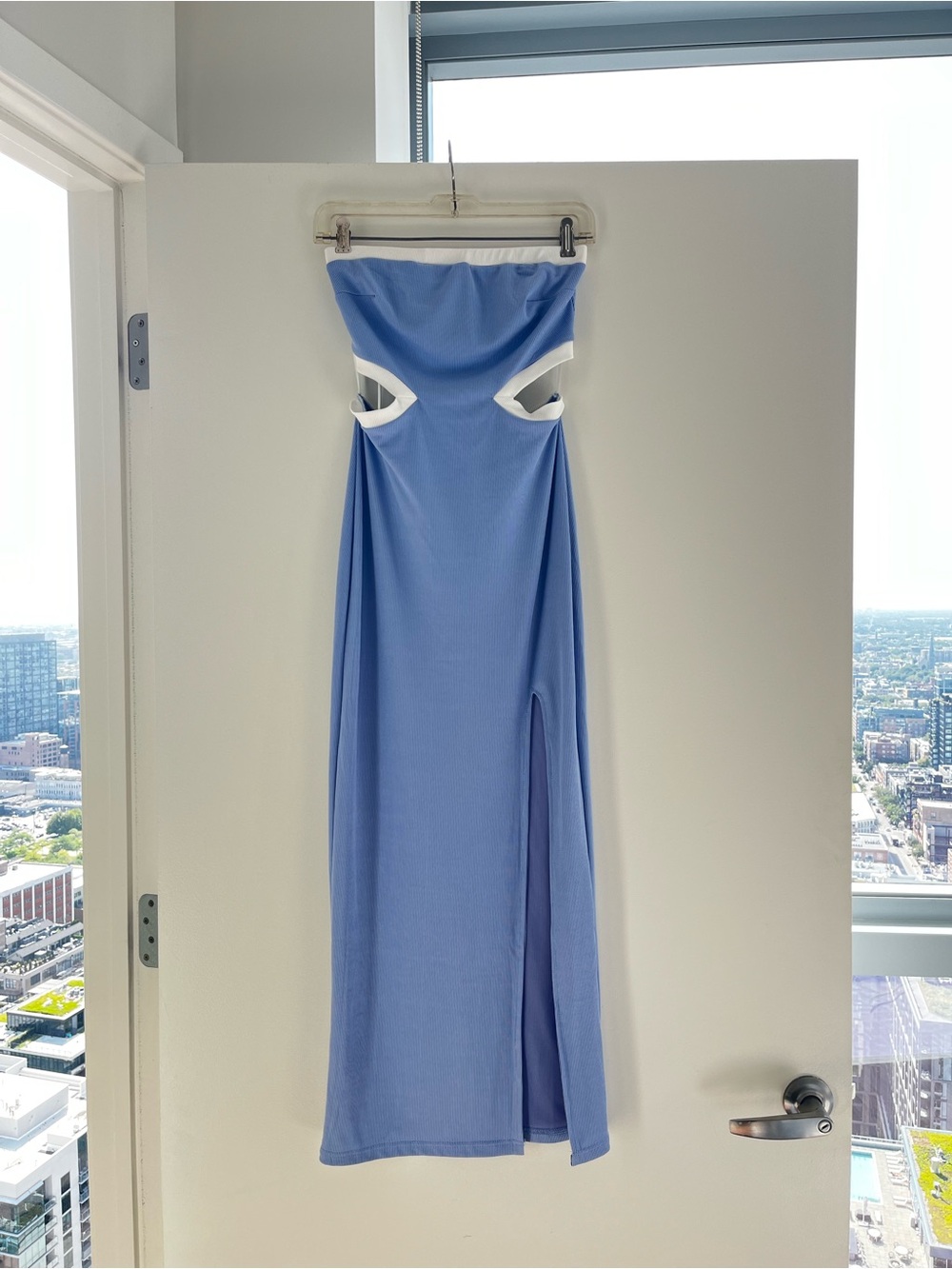 Hello Molly Strapless Light Blue Maxi Dress with White Trim